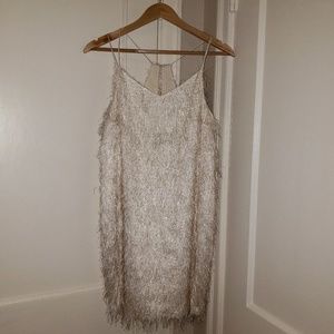 NWOT H Halston White/Beige Fringe Dress